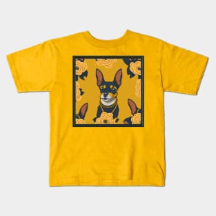 Dogs, Toy Terrier and flowers, dog, seamless print, style vector (yellow flowers & Toy Terrier #3) Kids T-Shirt